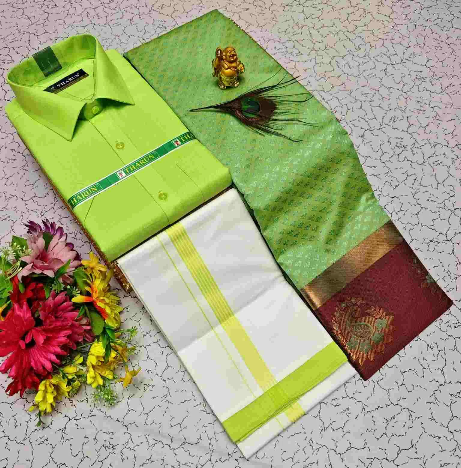 Pachai Lime Green Contrast Mayil 3D Embossed Karizma Silk Couple Combo